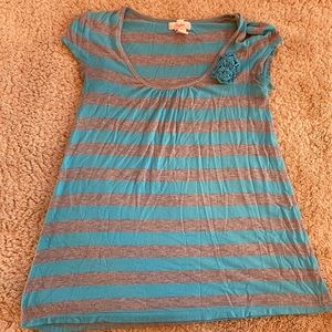 Medium sky blue & grey striped blouse with flower